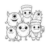 A group of monsters and a man in a suit coloring page vector