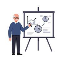 An old man is standing in front of a whiteboard with graphs and diagrams vector