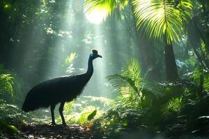 Cassowary standing in the rainforest enjoying sunlight filtering through trees photo