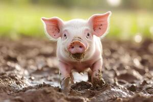 Cute piglet walking in mud on a farm photo