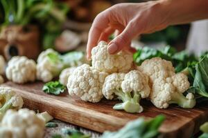 Chef arranging cauliflower florets on cutting board photo