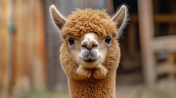 Fluffy alpaca looking at viewer with funny expression in farm photo