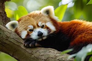 Red panda resting on a tree branch enjoying the sunlight photo