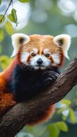 Red panda relaxing on a tree branch in the forest. photo