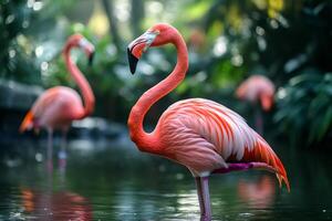 Pink flamingo standing in water with other flamingos blurred in background photo