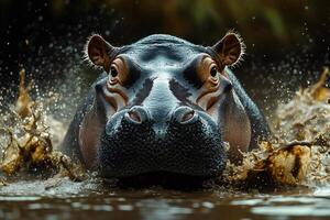 Hippopotamus emerging from muddy water with splashing drops photo