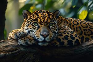 Jaguar resting on a tree branch in the jungle photo