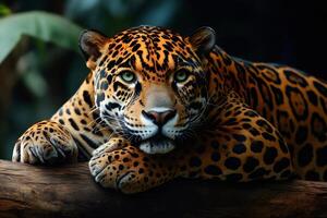 Jaguar resting on a branch, showing its power and beauty photo