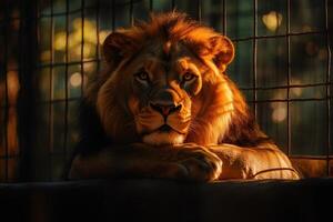 Majestic lion resting behind bars in a zoo, illuminated by warm sunlight photo