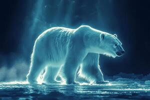 Majestic polar bear walking on ice at night, illuminated by moonlight photo