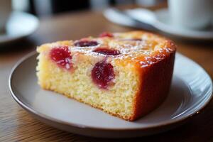 Slice of cherry cake resting on a plate on a wooden table photo