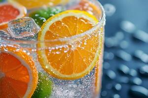 Refreshing citrus fruits and ice cubes floating in sparkling water photo