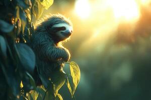 Cute sloth hanging on a tree branch enjoying the sunset in the jungle photo