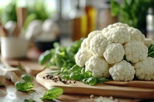 Fresh cauliflower with basil and peppercorns resting on cutting board photo