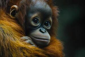 Baby orangutan hugging itself looking at the viewer photo