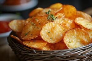 Wicker basket overflowing with golden crispy potato chips seasoned with thyme photo