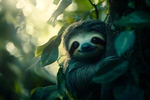 Smiling sloth hugging tree in tropical rainforest during sunset photo