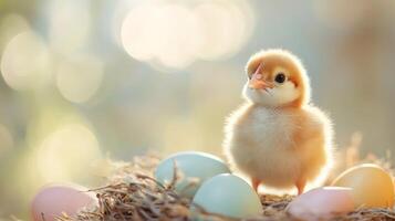 Little chick standing in nest with easter eggs during sunrise photo