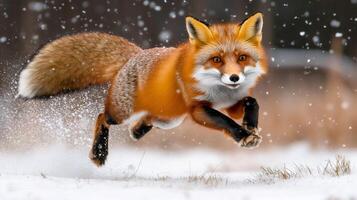 Red fox running fast on snow while snowing photo