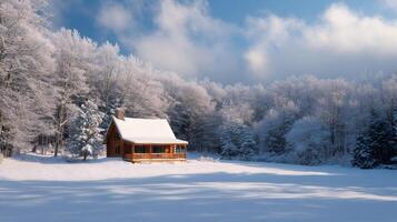 Log cabin standing in snow covered field with frosted trees and blue sky photo
