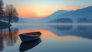 Lonely wooden boat floating on a misty lake at sunrise photo