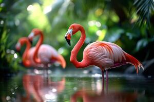 Pink flamingos standing in water with blurred jungle vegetation in background photo