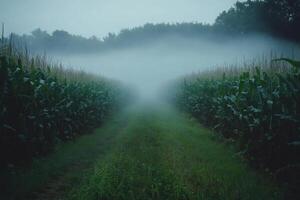 Fog rolling through a cornfield at dawn creating a mysterious path photo
