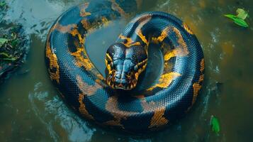 Large python curled up and floating in swamp water photo