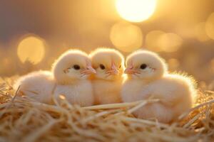 Three baby chickens resting in nest at sunset photo