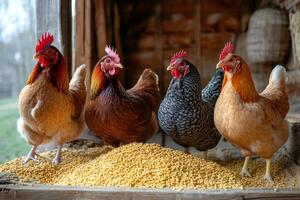 Four chickens feeding on a pile of grain inside a coop photo