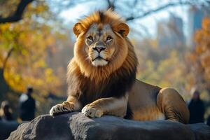 Majestic lion resting on a rock in autumnal zoo setting photo