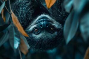 Two-toed sloth hanging upside down looking through leaves photo