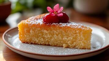 Slice of lemon cake with red cherries and icing sugar resting on a plate photo