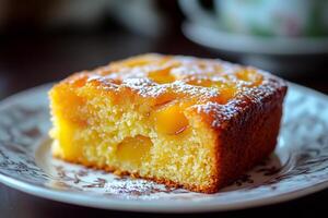 Slice of delicious apricot cake resting on a plate photo