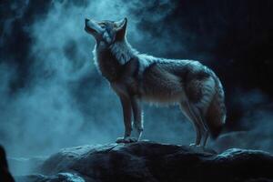 Majestic wolf howling at night on a rock in a foggy forest photo