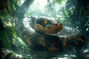 Large python resting in tropical rainforest river. photo
