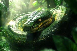 Green tree python resting on a branch in the rainforest photo
