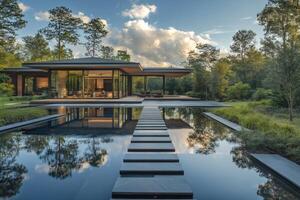 Modern house with reflecting pool and stepping stones in a lush forest setting photo