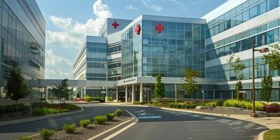 Modern hospital building with red cross symbols showing healthcare and medical services photo