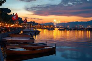 Fireworks exploding over Lake Geneva in Lausanne, Switzerland with swiss flags waving photo