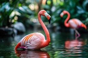 Pink flamingo swimming in pond with another flamingo in background photo