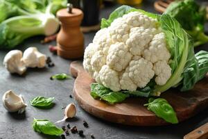 Fresh cauliflower on wooden cutting board with garlic, basil and pepper photo