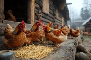 Hens eating corn in front of a wooden chicken coop photo