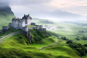 Eilean Donan Castle rising above the green Scottish Highlands photo