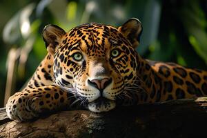 Jaguar resting on a branch, staring with intense green eyes photo