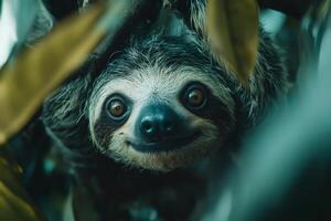 Funny sloth hanging on a tree branch looking at camera photo