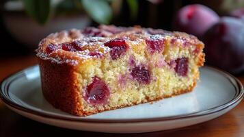 Slice of cherry cake resting on a small plate, dusted with powdered sugar photo
