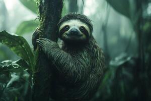 Smiling sloth hugging a tree in the rainforest photo