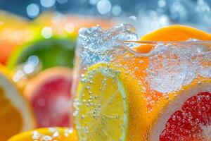 Refreshing citrus fruits sparkling water with ice cubes photo