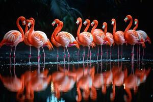 Group of pink flamingos standing in water with reflection photo